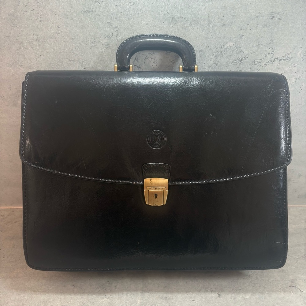 Guidi‎ Briefcase Shoulder Bag Latch Multi Pocket Black Leather Made In Italy
